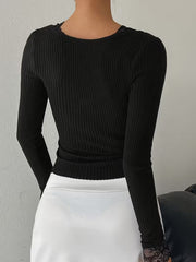 RIBBED LACE SPLICED BOW SLIM-FIT LONG SLEEVE TOP