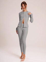 RIBBED BUTTON THROUGH LONG SLEEVE CREW NECK TOP & LEGGING SET