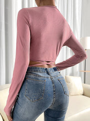 RIB KNIT SURPLICE NECK TIE FRONT CROP TOP