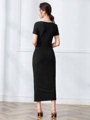 BUTTON DESIGNS SPLIT HEM ROUND NECK MIDI DRESS