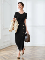 BUTTON DESIGNS SPLIT HEM ROUND NECK MIDI DRESS