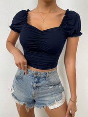 RUCHED FRONT SWEETHEART NECK PUFF SLEEVE CROP TEE