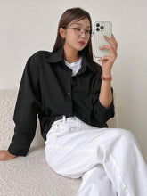 BLACK SOLID BUTTON FRONT DROP SHOULDER SHIRT