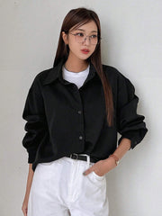 BLACK SOLID BUTTON FRONT DROP SHOULDER SHIRT