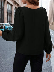 SOLID COLOR KEYHOLE NECK LANTERN SLEEVE ELEGANT BLOUSE