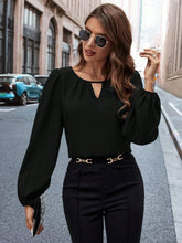 SOLID COLOR KEYHOLE NECK LANTERN SLEEVE ELEGANT BLOUSE
