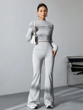 WOMEN'S PLEATED SLIM FIT TOP AND FLARED PANTS