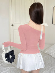 ASYMMETRIC TIE SHOULDER NECK LONG SLEEVE T-SHIRT
