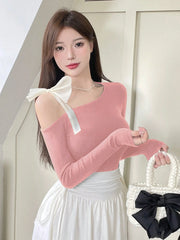 ASYMMETRIC TIE SHOULDER NECK LONG SLEEVE T-SHIRT