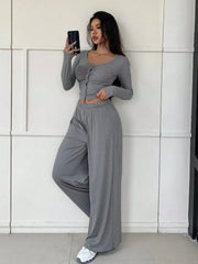 WOMEN'S SLIM FIT TOP AND WIDE LEG PANTS SET