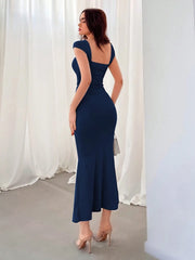 SOLID COLOR SIMPLE DAILY SQUARE NECKLINE DRESS