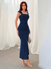 SOLID COLOR SIMPLE DAILY SQUARE NECKLINE DRESS