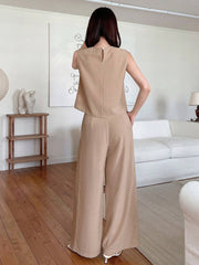 WOMEN SOLID SLEEVELESS TOP AND WIDE LEG PANTS