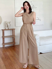 WOMEN SOLID SLEEVELESS TOP AND WIDE LEG PANTS