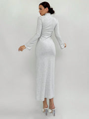 WOMEN'S HOLLOW-OUT FITTED RIB-KNIT LONG SLEEVE DRESS