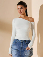 ASYMMETRICAL NECK LONG SLEEVE SLIM FIT CASUAL TOP