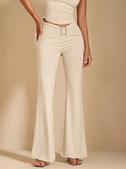 DEEP NECK CROP TOP AND SQUARE EMBELLISHED PLEATED FLARE PANTS