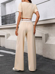 CREW NECK PUFF SLEEVE TOP AND TIE WAIST WIDE LEG PANTS