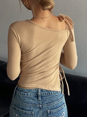 LACE-UP OPEN SHOULDER LONG SLEEVE TOP