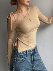 LACE-UP OPEN SHOULDER LONG SLEEVE TOP
