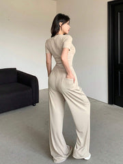 WOMEN'S PLAIN CREW NECK SHORT SLEEVE TOP AND PANTS SET