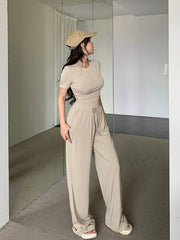 WOMEN'S PLAIN CREW NECK SHORT SLEEVE TOP AND PANTS SET