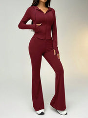 WOMEN'S SOLID COLOR ZIP-UP DRAWSTRING HOODED SHIRT AND FLARED PANTS SET