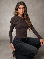 CASUAL ASYMMETRICAL COLLAR FITTED LONG SLEEVE TOP