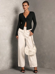 TWIST FRONT DESIGN V-NECK LONG SLEEVE TOP