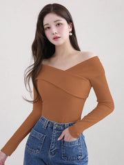 WOMEN'S SOLID COLOR LAPEL OFF SHOULDER ELEGANT MIDI T-SHIRT