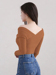 WOMEN'S SOLID COLOR LAPEL OFF SHOULDER ELEGANT MIDI T-SHIRT