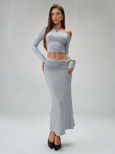 ASYMMETRIC COLLAR LONG SLEEVE CROPPED TOP AND PLEATED LONG SKIRT