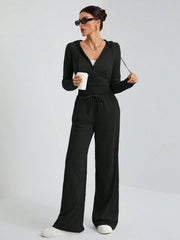 STREET STYLE HOODED MID-FRONT ZIPPER WITH WIDE-LEG TROUSER