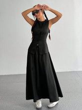 CASUAL FRONT BUTTON TANK TOP AND SOLID COLOR A-LINE SKIRT
