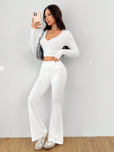 CASUAL V-NECK LACE TRIM TIGHT LONG SLEEVE CROP T-SHIRT AND LOW WAIST FLARED PANTS SET
