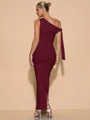 SOLID ASYMMETRICAL NECK TIE-UP RUCHED ELEGANT SIDE SLIT DRESS