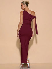 SOLID ASYMMETRICAL NECK TIE-UP RUCHED ELEGANT SIDE SLIT DRESS