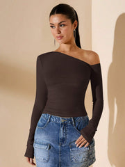 ASYMMETRICAL NECK LONG SLEEVE SLIM FIT CASUAL TOP