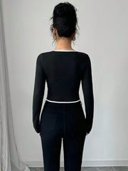 CONTRAST DECOR BUTTON ELEGANT SLIM FIT T-SHIRT FOR WOMEN