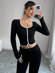 CONTRAST DECOR BUTTON ELEGANT SLIM FIT T-SHIRT FOR WOMEN