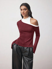 ASYMMETRIC CUT-OUT SHOULDER FITTED KNIT TOP OFF THE SHOULDER SHIRT