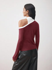 ASYMMETRIC CUT-OUT SHOULDER FITTED KNIT TOP OFF THE SHOULDER SHIRT