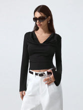 DRAPED NECK SOLID COLOR LONG SLEEVE TOP