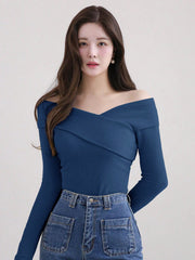 WOMEN'S SOLID COLOR LAPEL OFF SHOULDER ELEGANT MIDI T-SHIRT