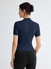 WOMEN'S SOLID COLOR PLEATED ELEGANT SHORT SLEEVE TOP