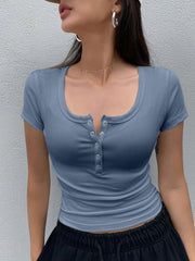 SOLID COLOR RIBBED KNIT SHORT SLEEVE T-SHIRT