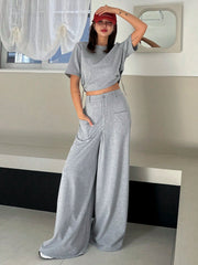 CASUAL SHORT SLEEVE CROP TOP AND WIDE LEG PANTS SET