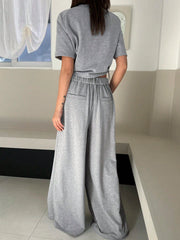 CASUAL SHORT SLEEVE CROP TOP AND WIDE LEG PANTS SET