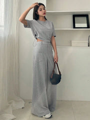 CASUAL SHORT SLEEVE CROP TOP AND WIDE LEG PANTS SET