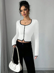 CONTRAST DECOR BUTTON ELEGANT SLIM FIT T-SHIRT FOR WOMEN